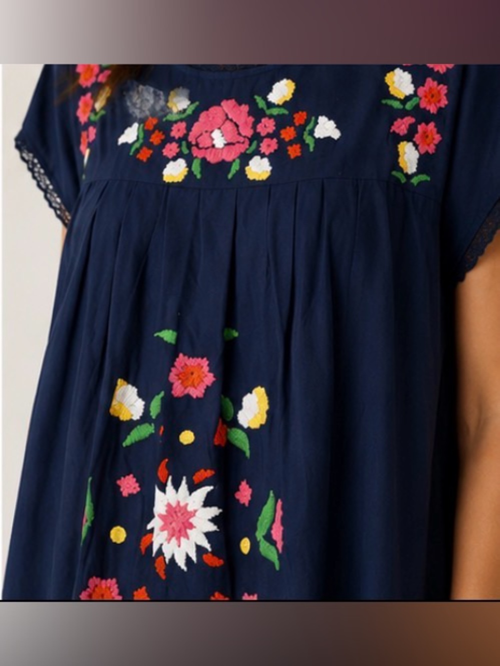 Frances Valentine Embroidered Mexican Folk Art Caftan navy cotton Midi Dress XL - Picture 6 of 8